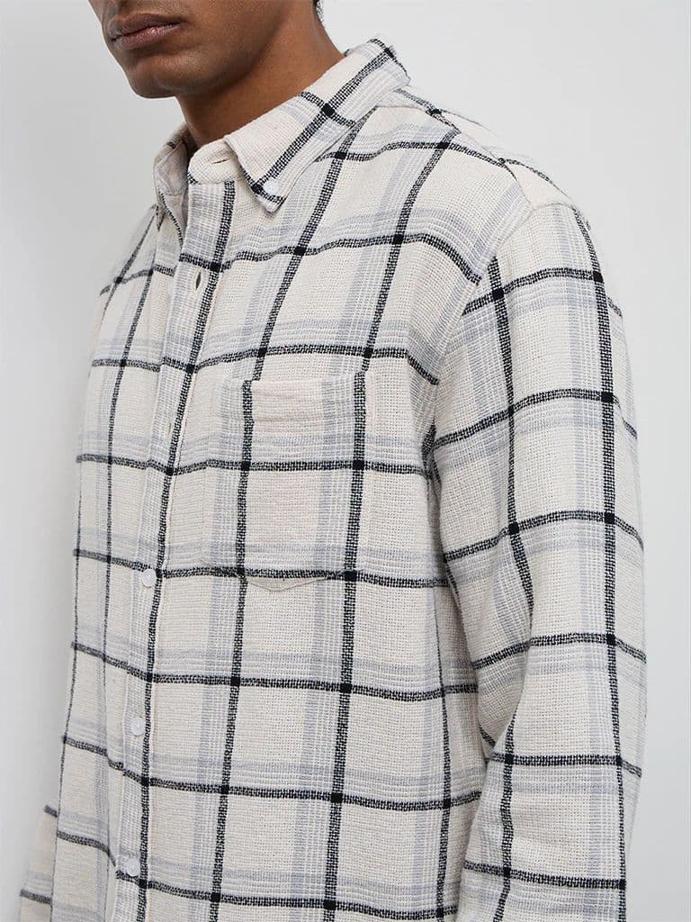 WES Casuals Off-White Checkered Relaxed-Fit Cotton Shirt — photo 3