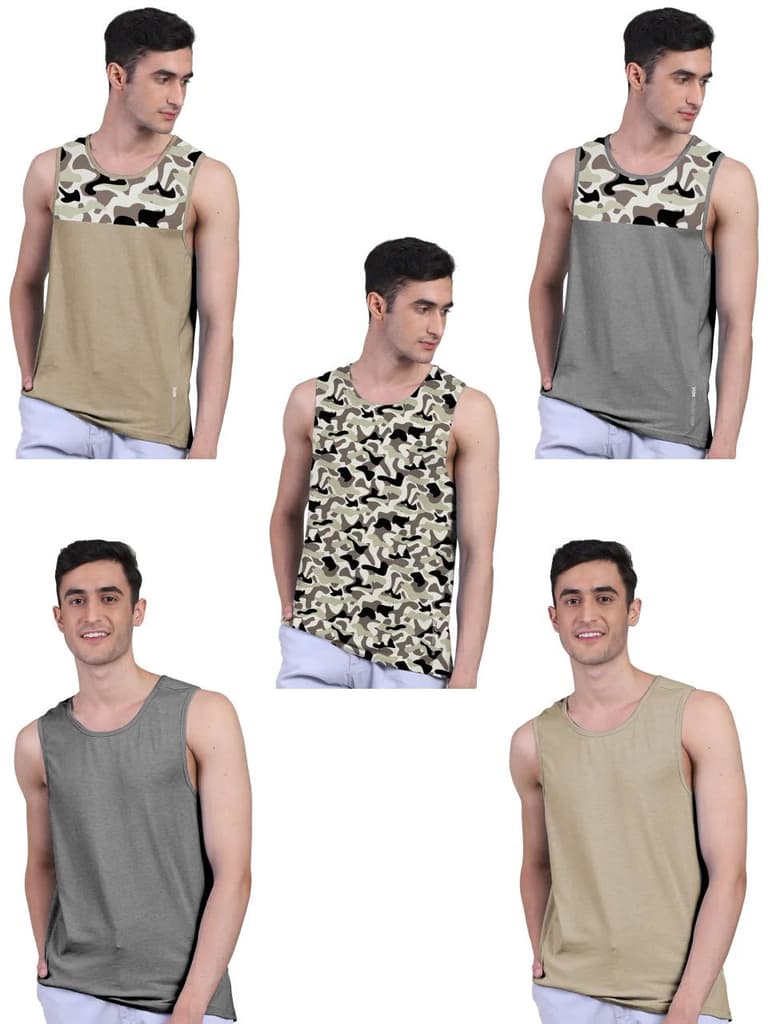 Camouflage Print & Twin Skin Organic Bamboo Vest Active Fit (Pack of 5) — Camouflage; Charcoal; Sand; Charcoal; Sand / S / Men