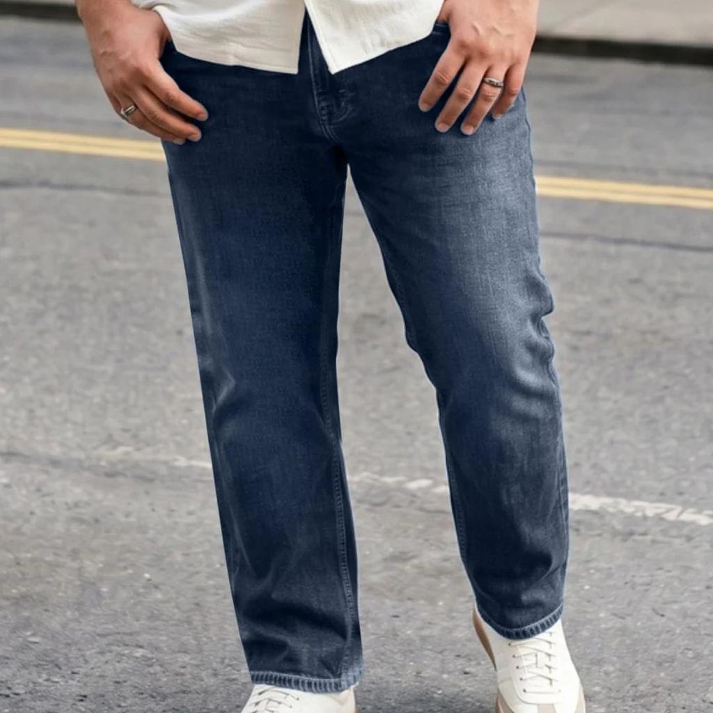 Plus Men's Dark Blue Relaxed Fit Washed Denim Jeans Non-Stretchable