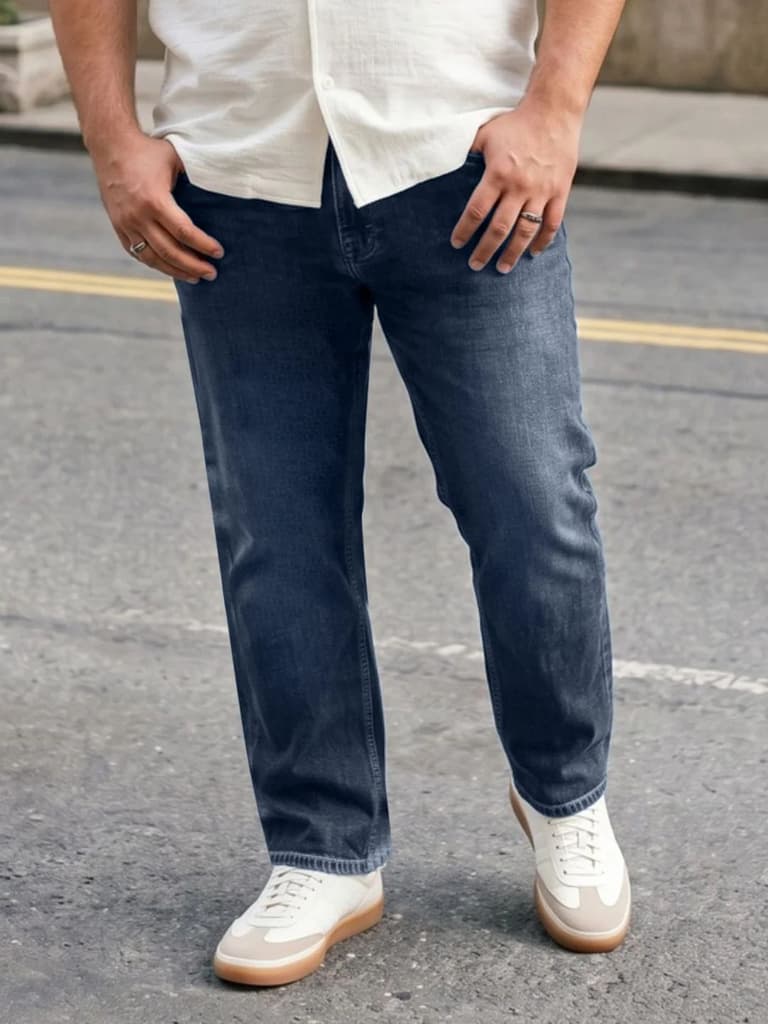Plus Men's Dark Blue Relaxed Fit Washed Denim Jeans Non-Stretchable — 36 / Dark Blue