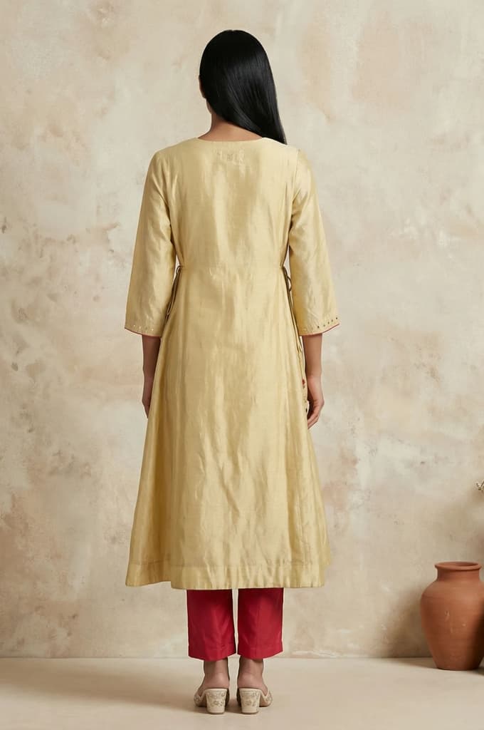 Gold Embroidered Mirror Work Cotton Blend A-line Kurta — photo 5