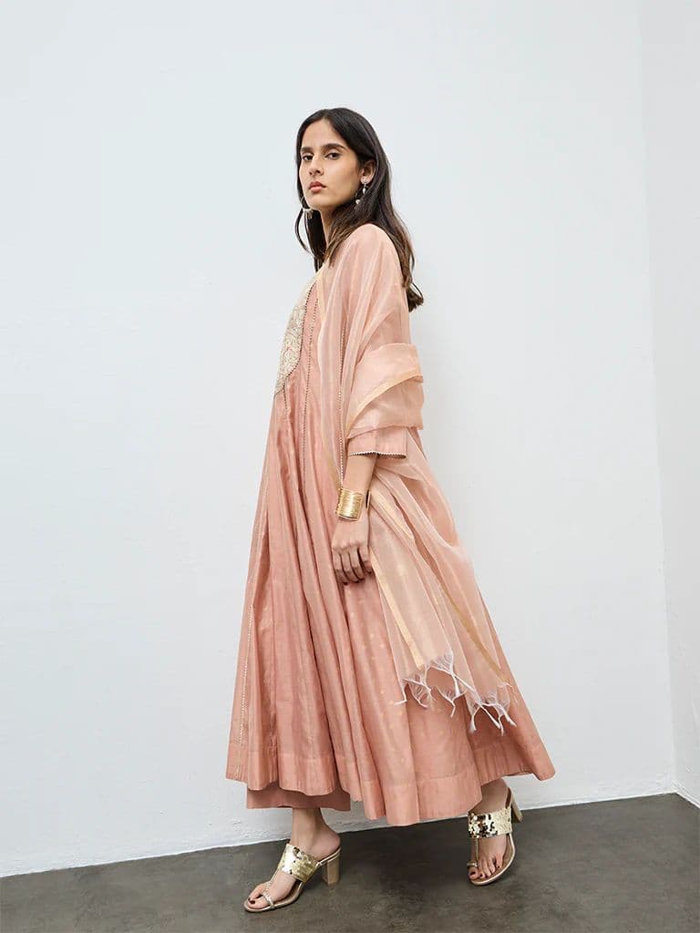 Vark Peach Embroidered A-Line Ethnic Set — photo 2
