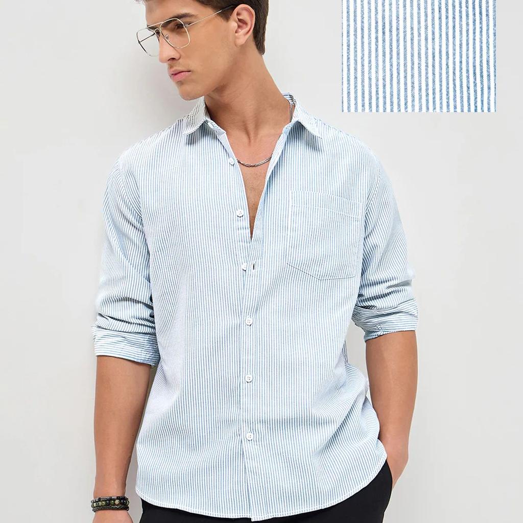 Men's Light Blue Cotton Full Sleeve Regular Fit Casual Striped Shirt