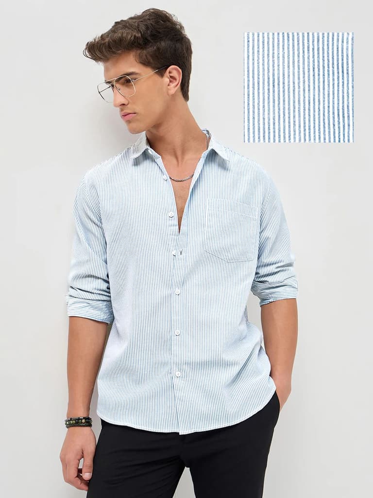 Men's Light Blue Cotton Full Sleeve Regular Fit Casual Striped Shirt — S / Light Blue