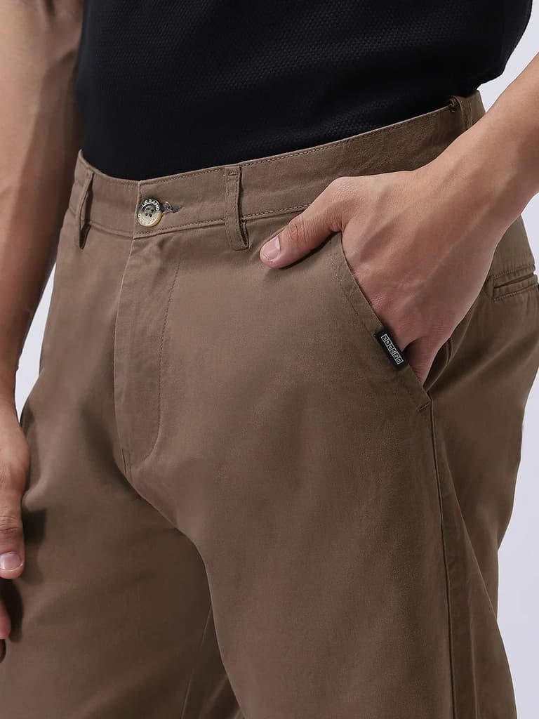Men's Dark Taupe Cotton Regular Fit Casual Chinos Trousers Stretch — photo 5