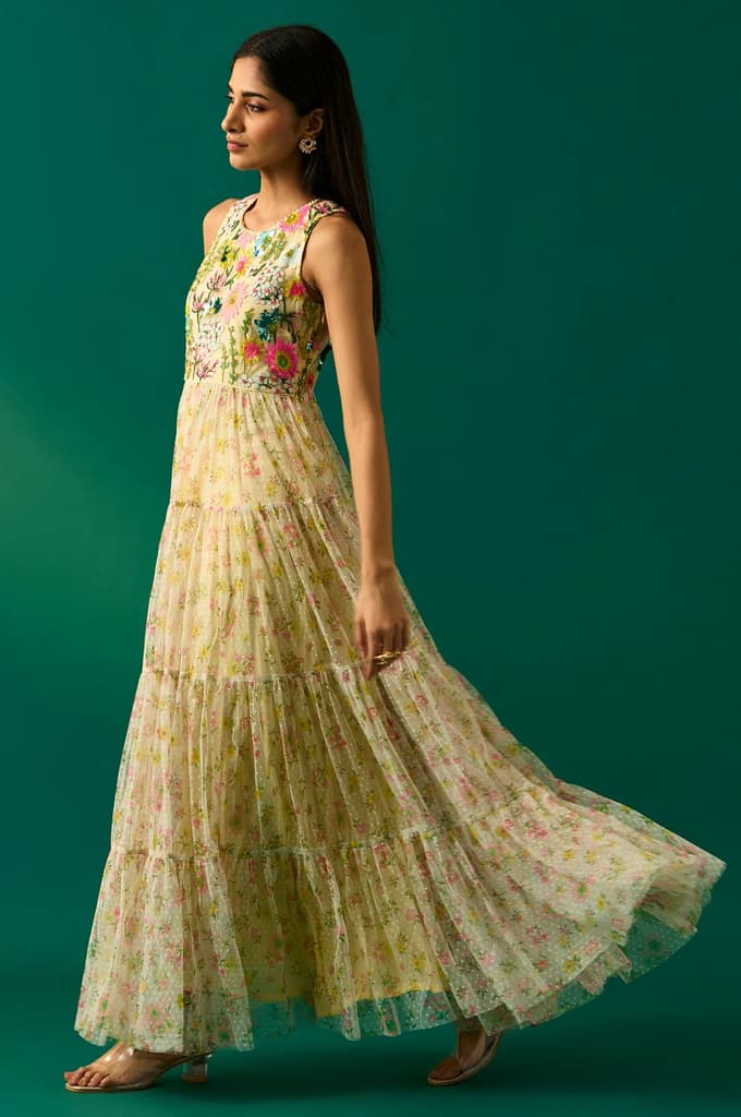 Yellow Embroidered Fit & Flare Georgette Dress — photo 3