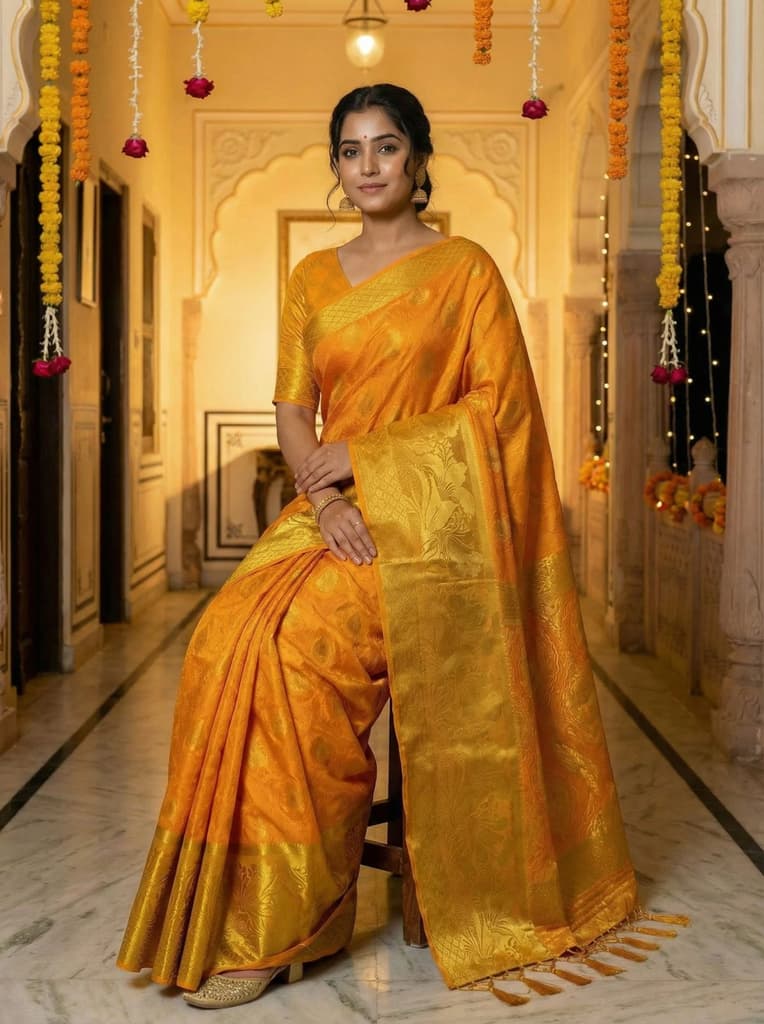 MIMOSA Women's Woven Design Kanjivaram Style Art Silk Saree with Blouse Piece - Gold ( SA00003143GDFREE ) — photo 4