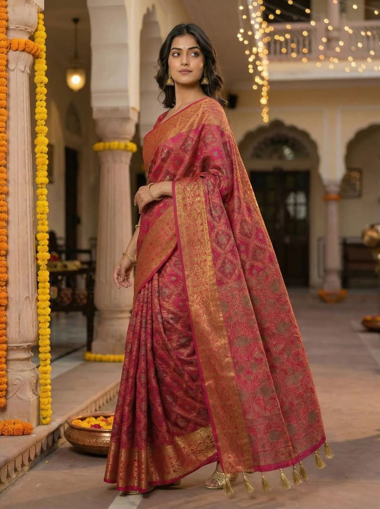 MIMOSA Women's Woven Design Patola Style Raw Silk Saree with Blouse Piece - Rani ( SA00003138RNFREE ) — photo 3