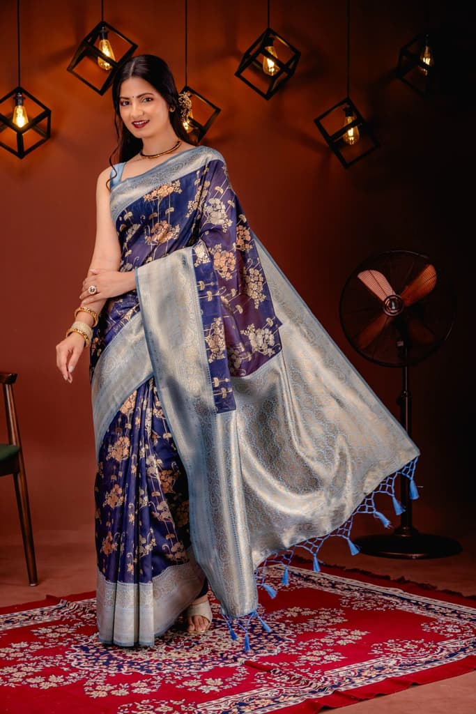 Mimosa Women's Woven Design Kanjivaram Style Art Silk Saree With Blouse Piece : SA00001736NVFREE — photo 5