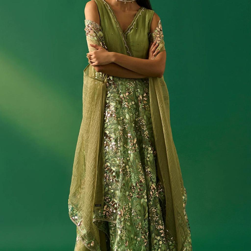 Green Embroidered Anarkali Tissue Dress with Churidar and Dupatta Set