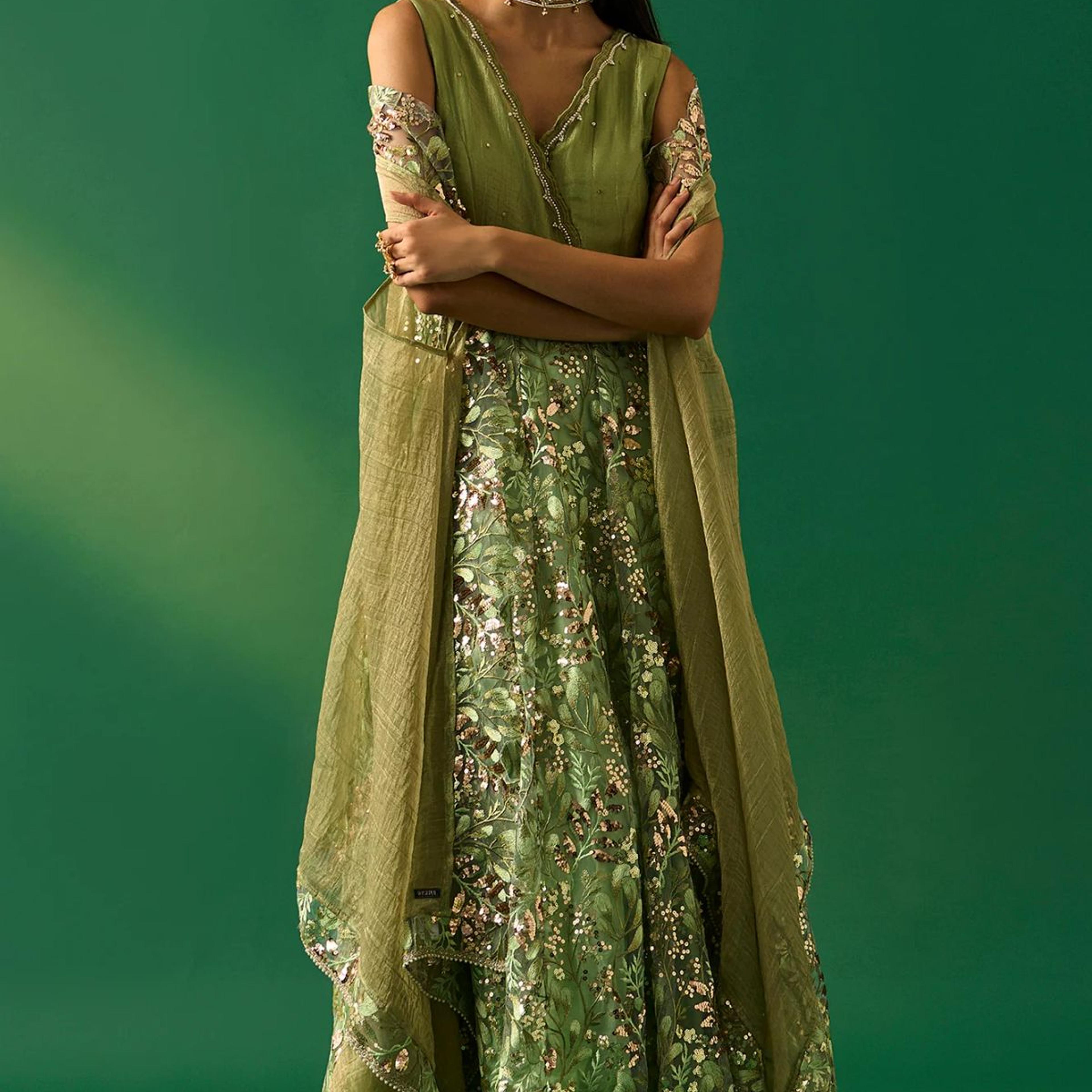 Green Embroidered Anarkali Tissue Dress with Churidar and Dupatta Set