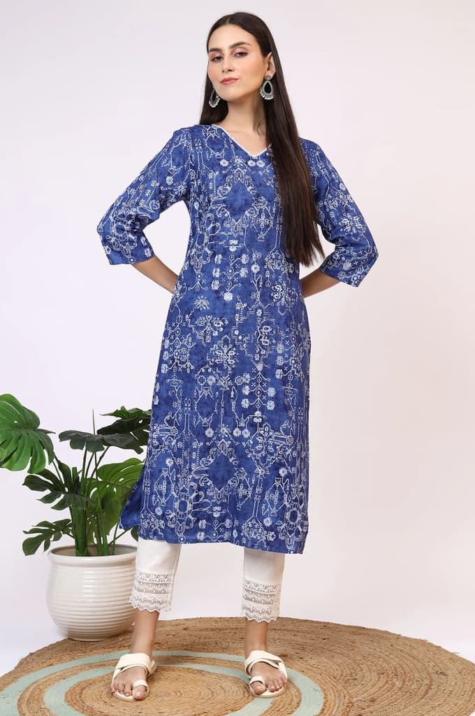 Navy Blue Printed Rayon Straight Kurta with Lace — photo 2