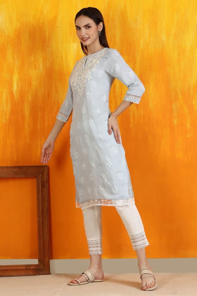 Powder Blue Embroidered Dull Shantung Straight Kurta — photo 5