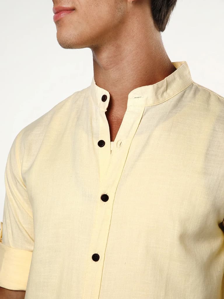Men's Tender Yellow Linen Blend Full Sleeve Relaxed Fit Mandarin Collar Casual Solid Shirt — photo 6