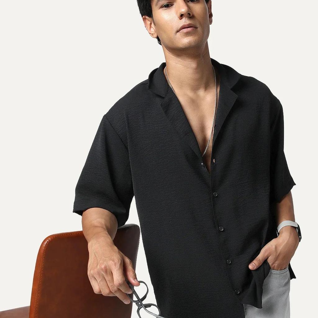 Men's Black Cotton Half Sleeve Relaxed Fit Textured Shirt with Cuban Collar