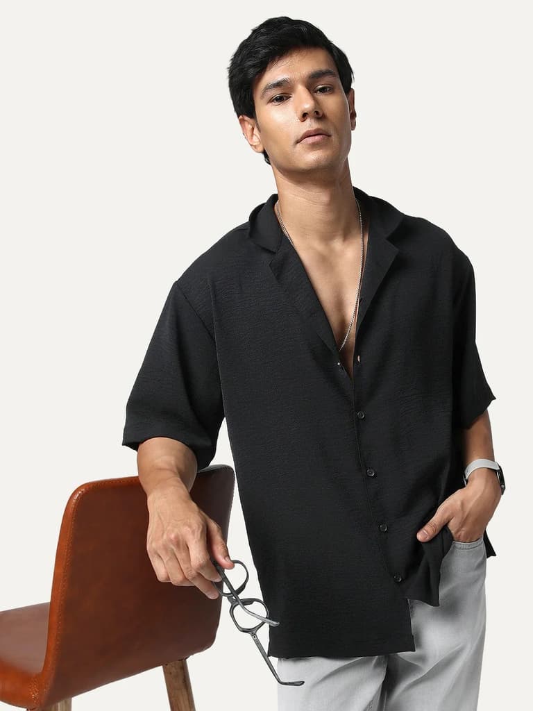 Men's Black Cotton Half Sleeve Relaxed Fit Textured Shirt with Cuban Collar — S / Black