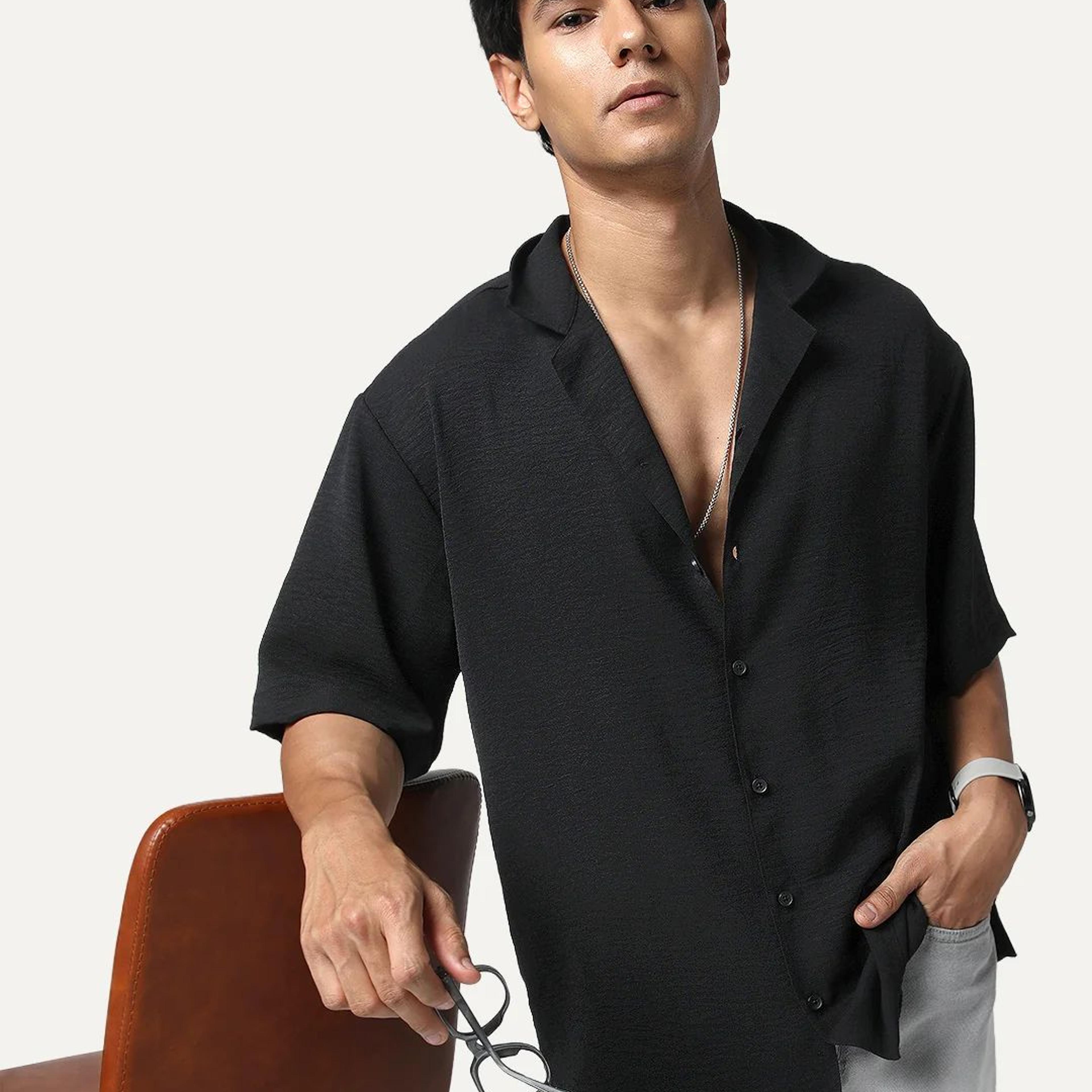 Men's Black Cotton Half Sleeve Relaxed Fit Textured Shirt with Cuban Collar