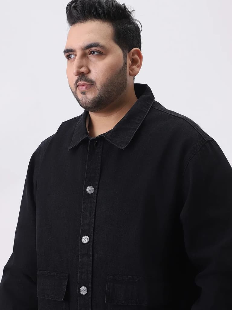 Plus Men's Black Relaxed Fit Full Sleeve Utility Denim Jacket — photo 5
