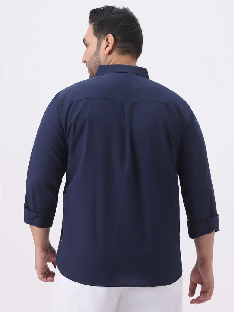 Plus Men's Navy Cotton Full Sleeve Regular Fit Casual Solid Slub Shirt with Spread Collar — photo 3