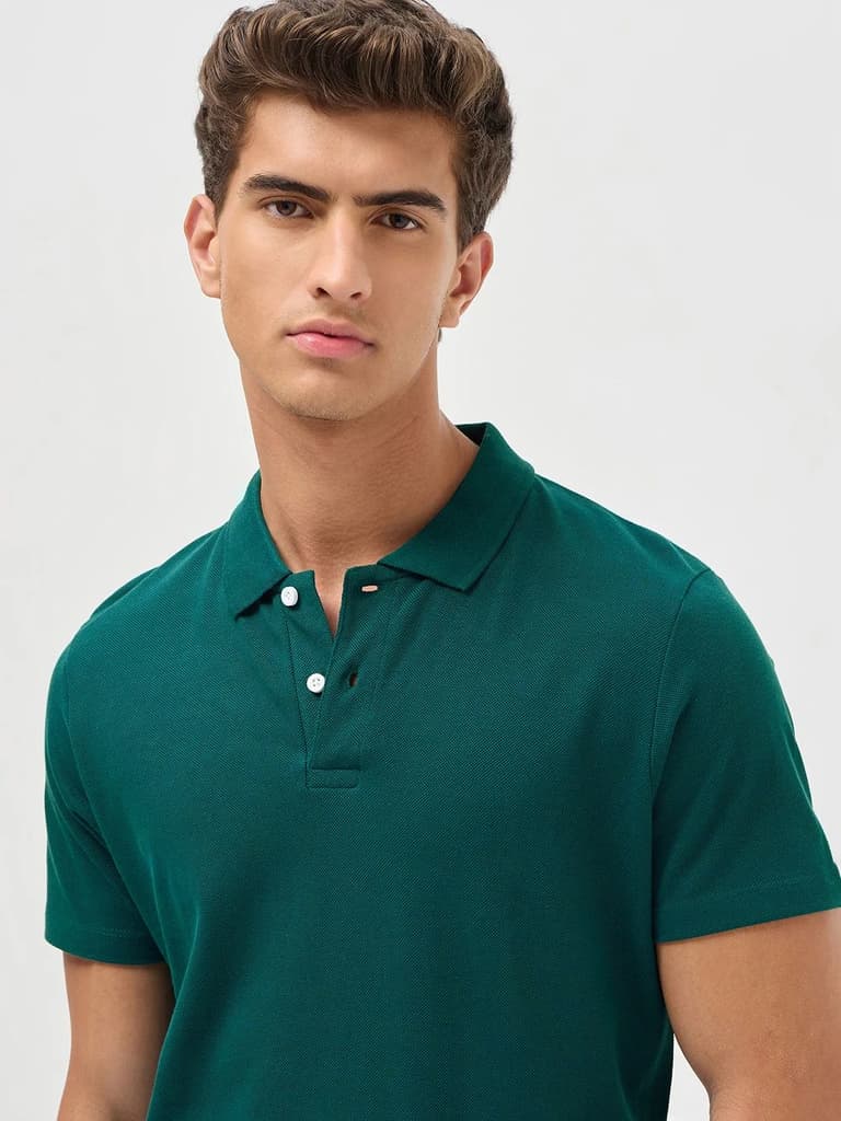 Men's Teal Green Solid Regular Fit Half Sleeve Cotton Polo T-Shirt — photo 5