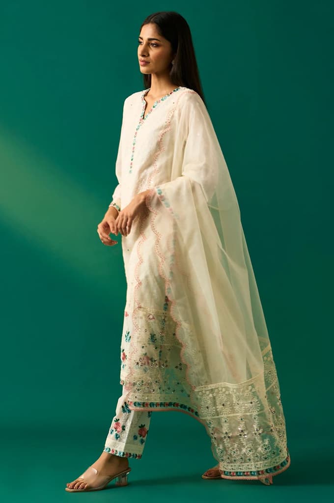 Off-White Embroidered Straight Kurta with Straight Pant and Dupatta Set — photo 3