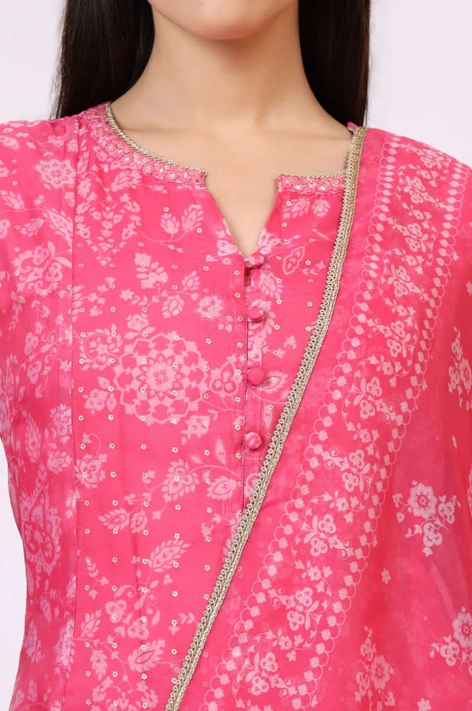 Pink Printed Organza A-line Kurta, Pants and Dupatta Set — photo 4