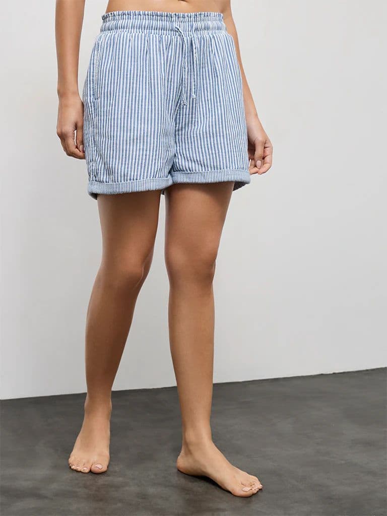 Wunderlove Blue Striped High-Rise Cotton Beach Shorts — photo 2