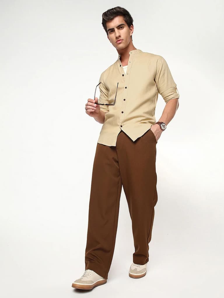 Men's Beige Linen Blend Full Sleeve Relaxed Fit Mandarin Collar Casual Solid Shirt — photo 5