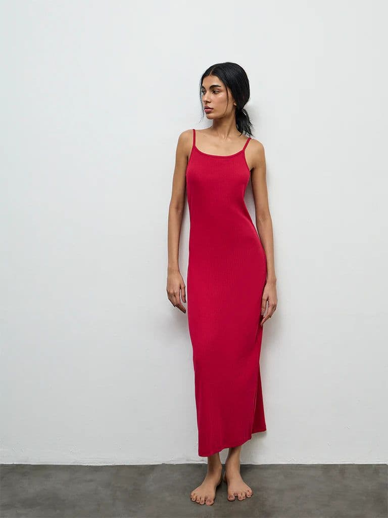 Superstar Red Ribbed Cotton-Blend Straight Lounge Dress — photo 2