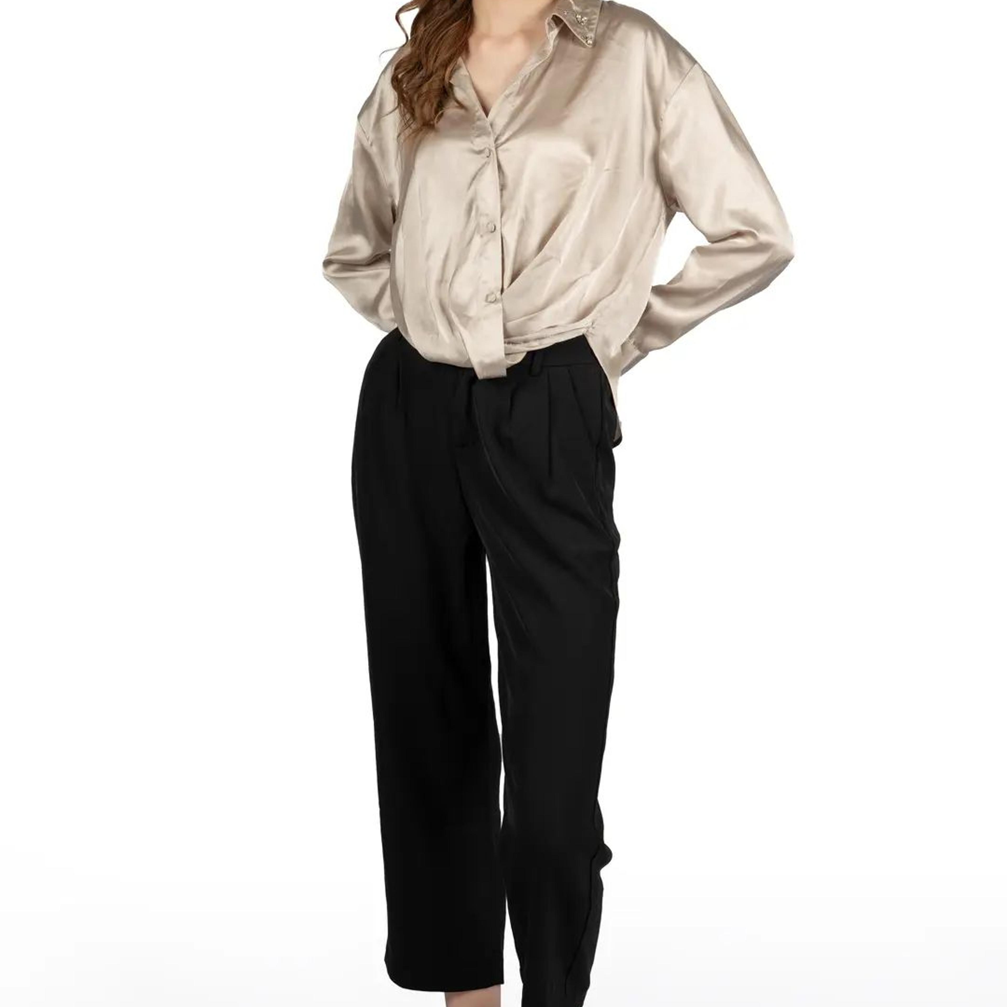 Beige Satin Collared Crop Shirt