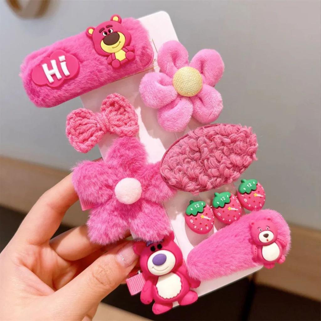 FuzzyFun Baby Girl Hair Clip Sets – Soft n Cute Animal n Flower Hair Accessories — Pink Bear & Strawberry Theme (8 pc)