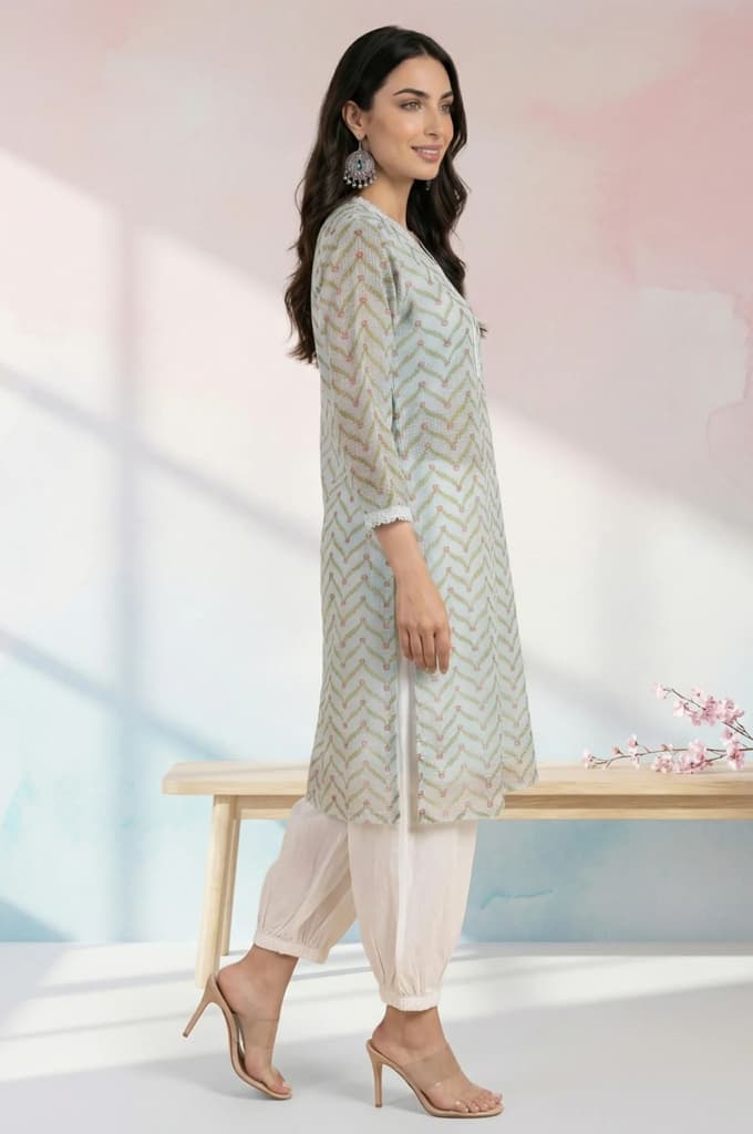 Mint Green Chevron Printed Kota Straight Kurta — photo 6