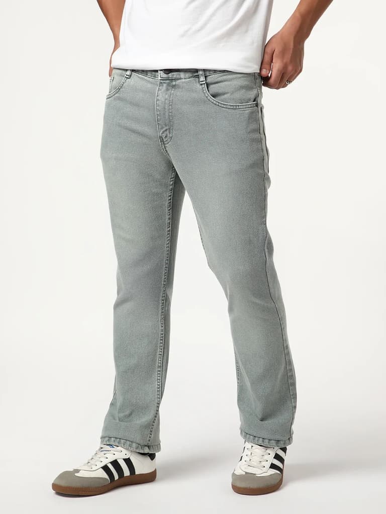 Men's Light Grey Bootcut Fit Mid Rise Tinted Heavy Washed Jeans Stretchable — 28 / Light Grey