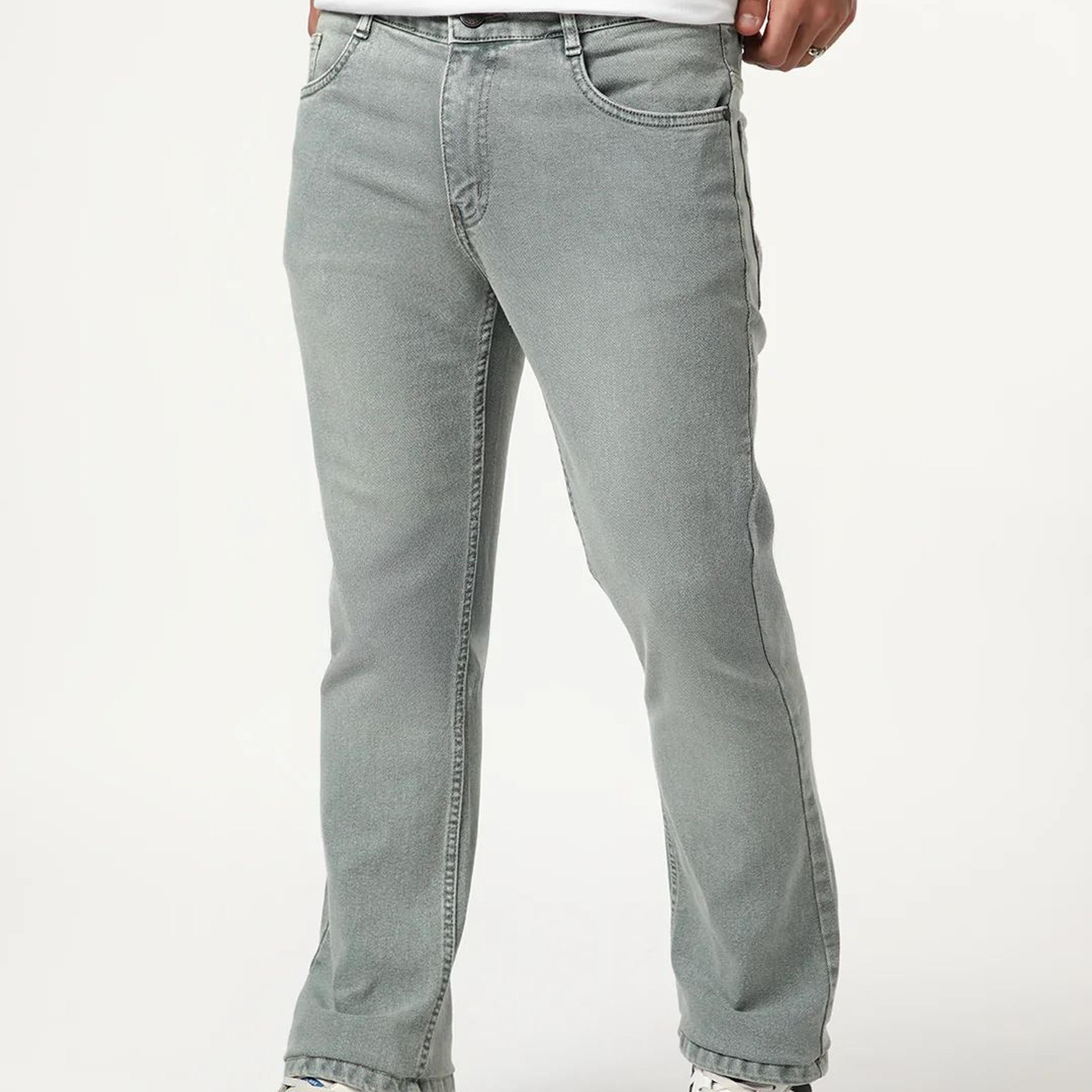 Men's Light Grey Bootcut Fit Mid Rise Tinted Heavy Washed Jeans Stretchable