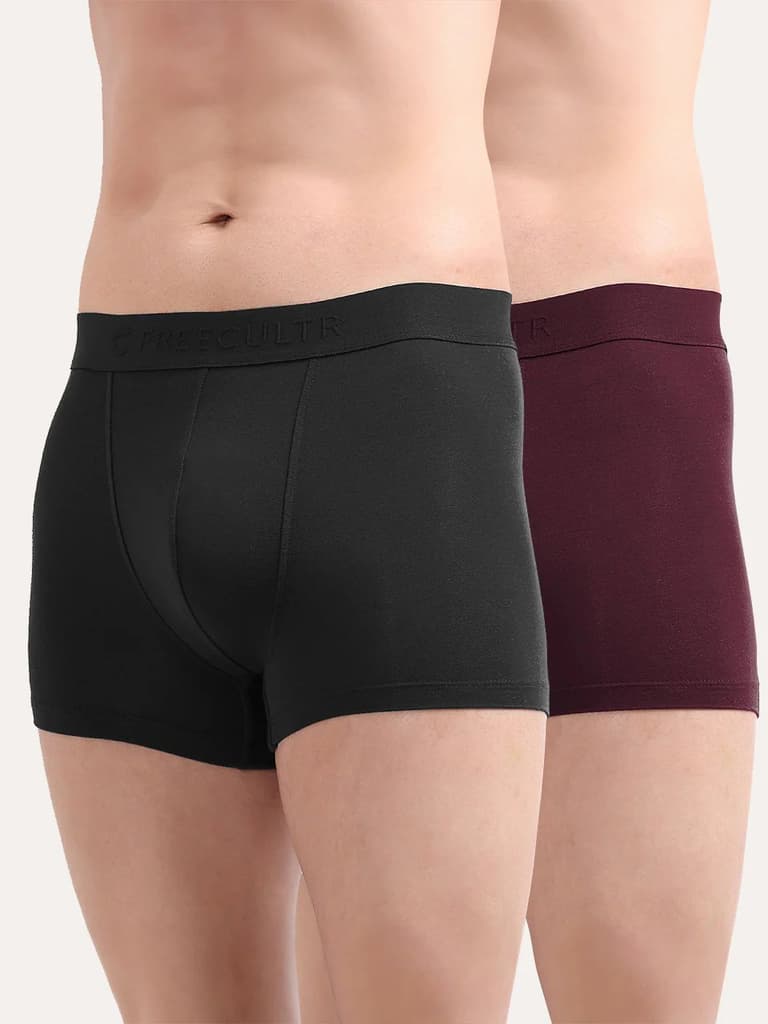 Men's Anti-Bacterial Micro Modal Trunk in Solid Waistband (Pack of 2) — Sable Black; Port Wine / S / Men