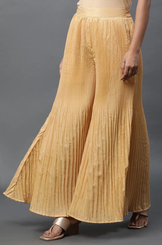 Gold Solid Flared Silk Palazzo With Pleats — photo 2