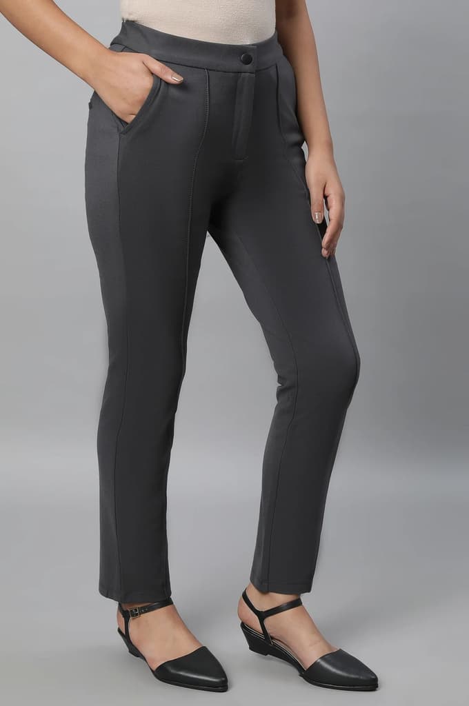 Grey Solid Straight Fit Trousers With Pintuck Detail — photo 4