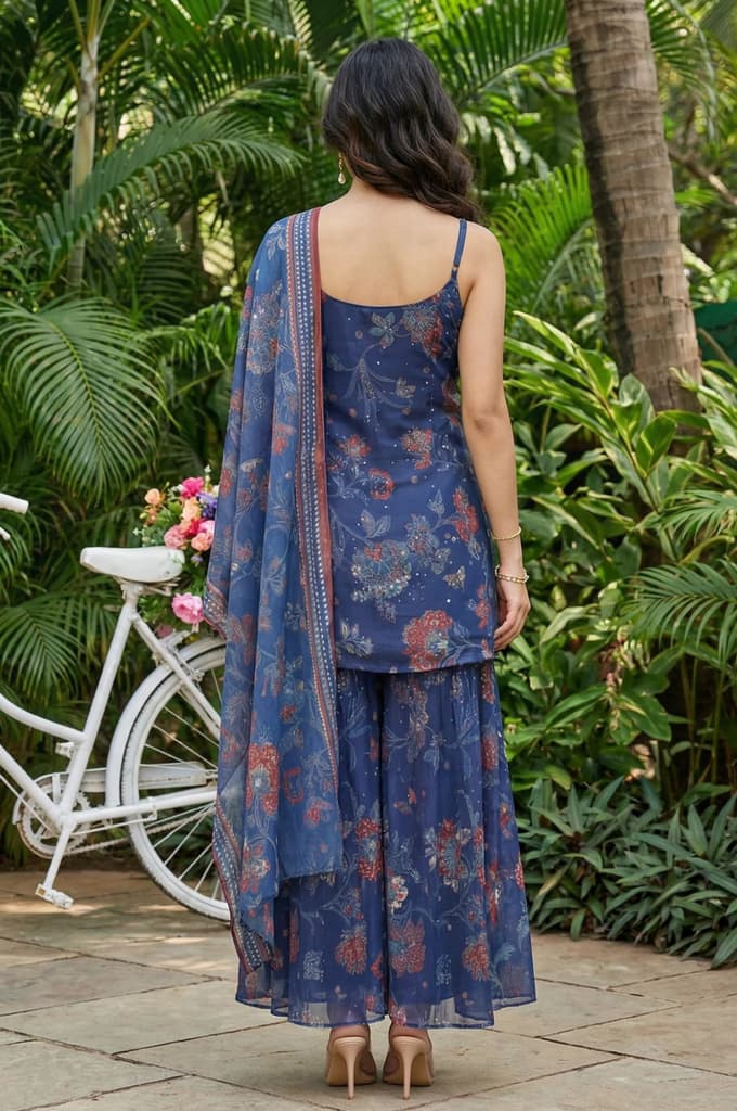 Navy Blue Floral Printed Chiffon Noodle Straps Straight Kurta with Sharara and Dupatta Set — photo 5