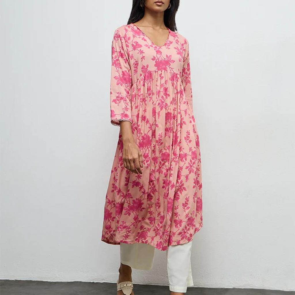Utsa Pink Floral Printed A-Line Kurta
