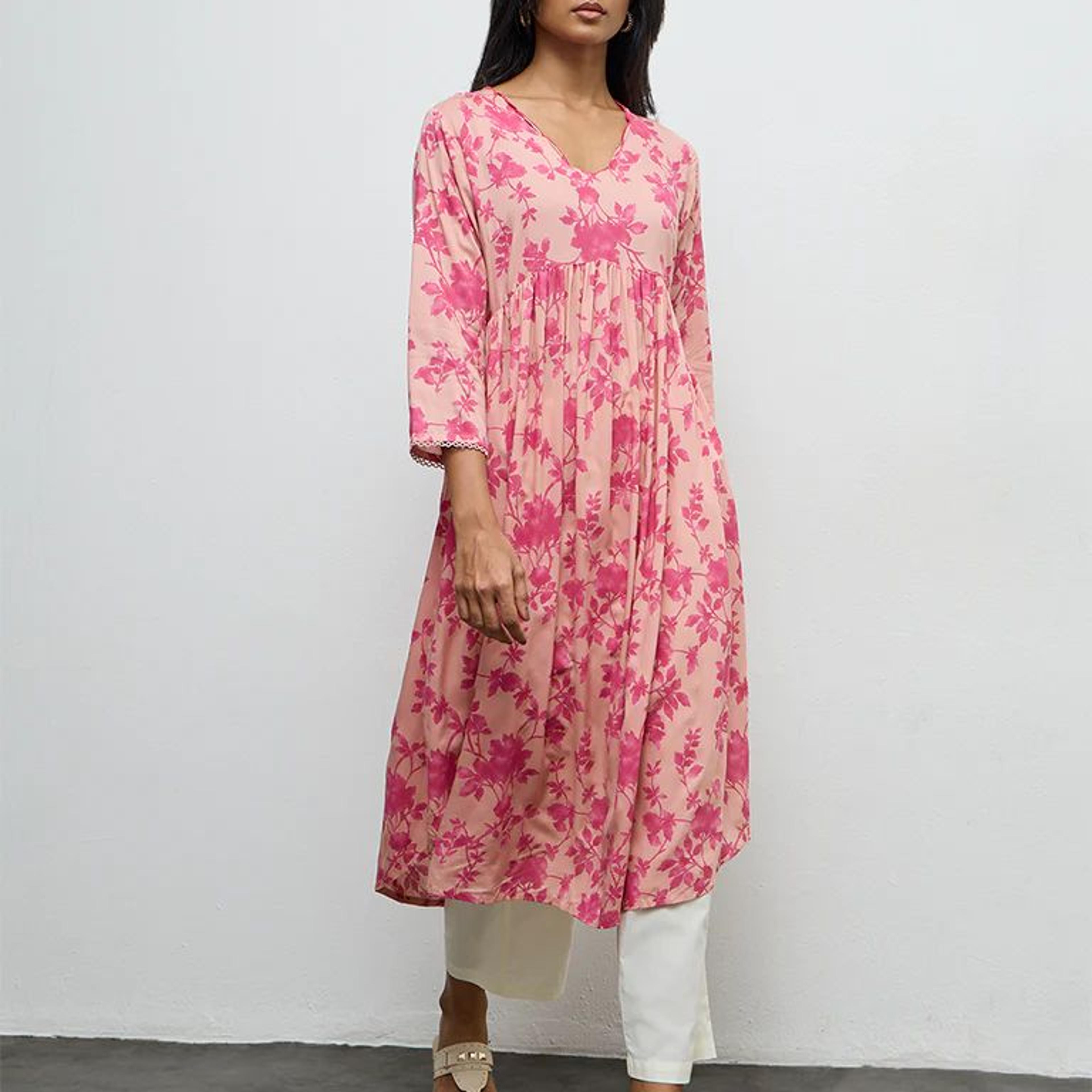 Utsa Pink Floral Printed A-Line Kurta