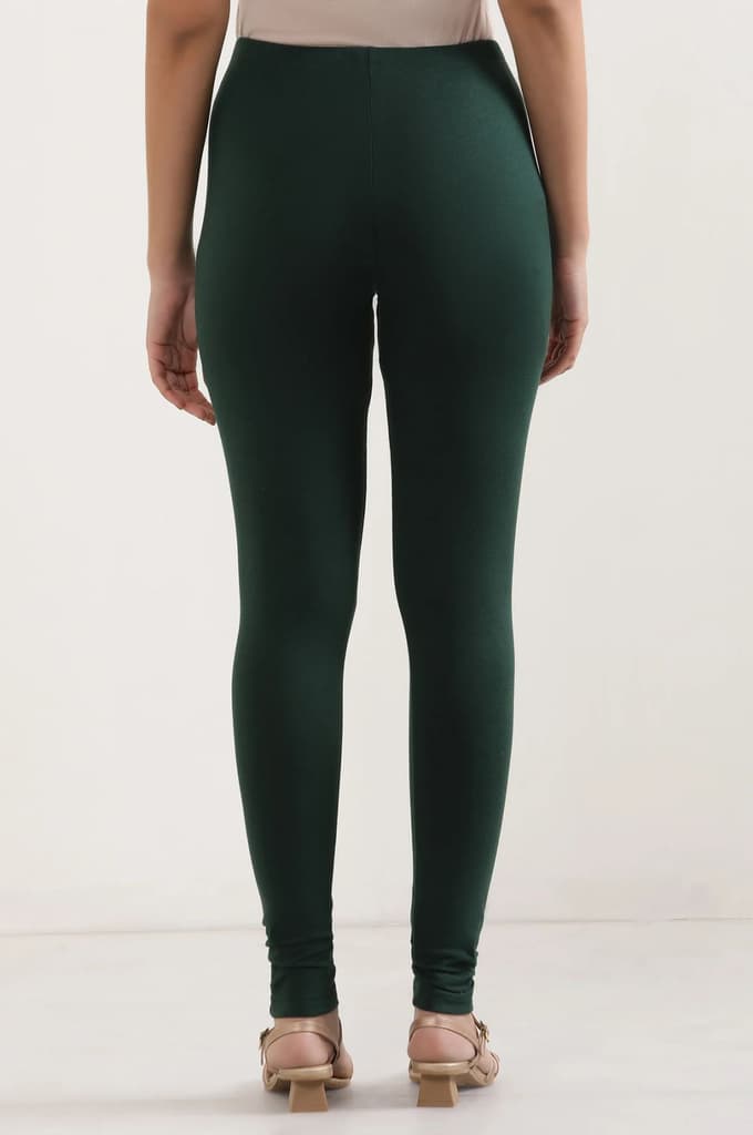 Green Solid Skinny Fit Cotton Tights With Elasticated Waist — photo 3
