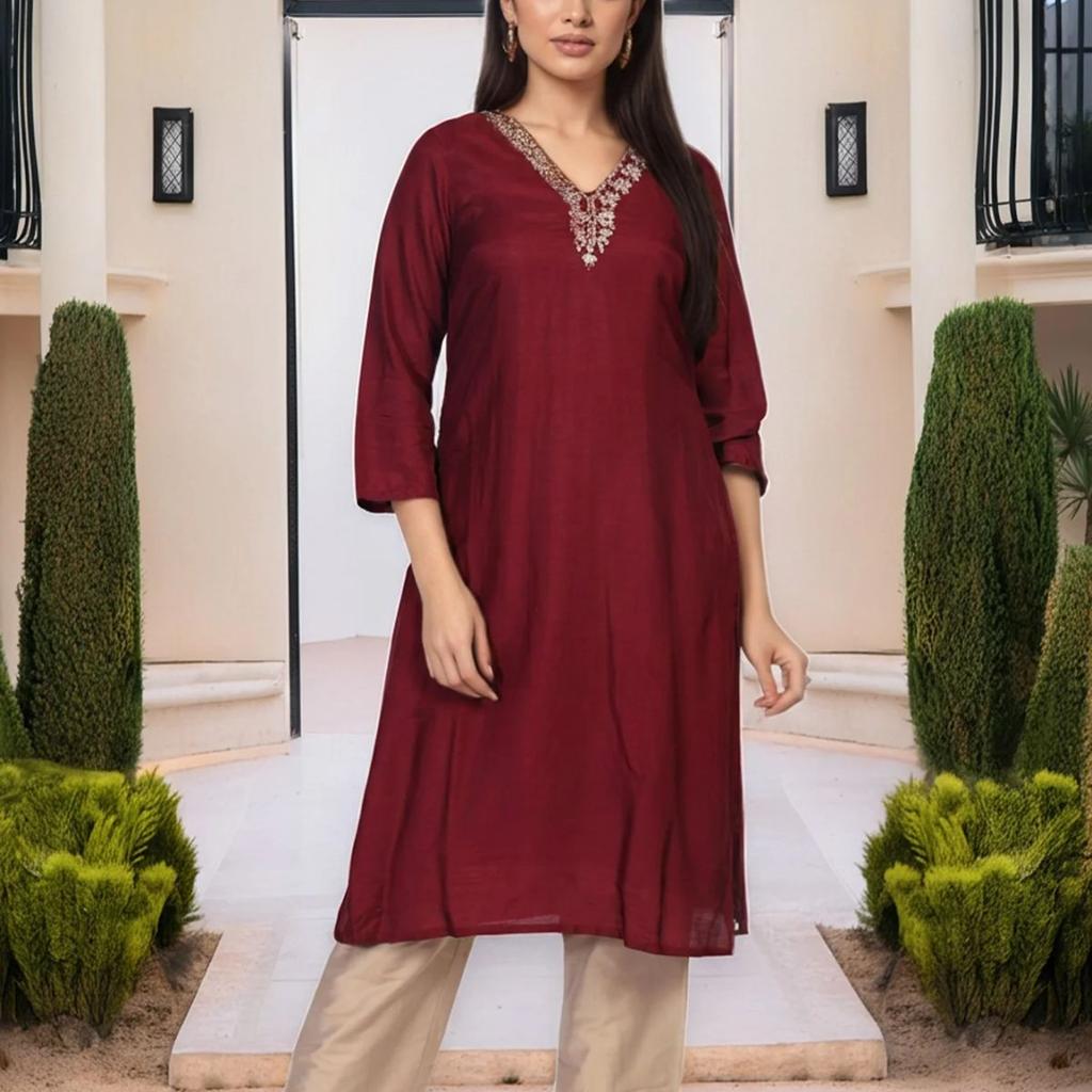 Maroon Embroidered A-Line Silk Kurta