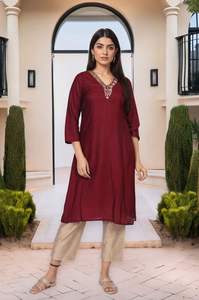 Maroon Embroidered A-Line Silk Kurta — XS