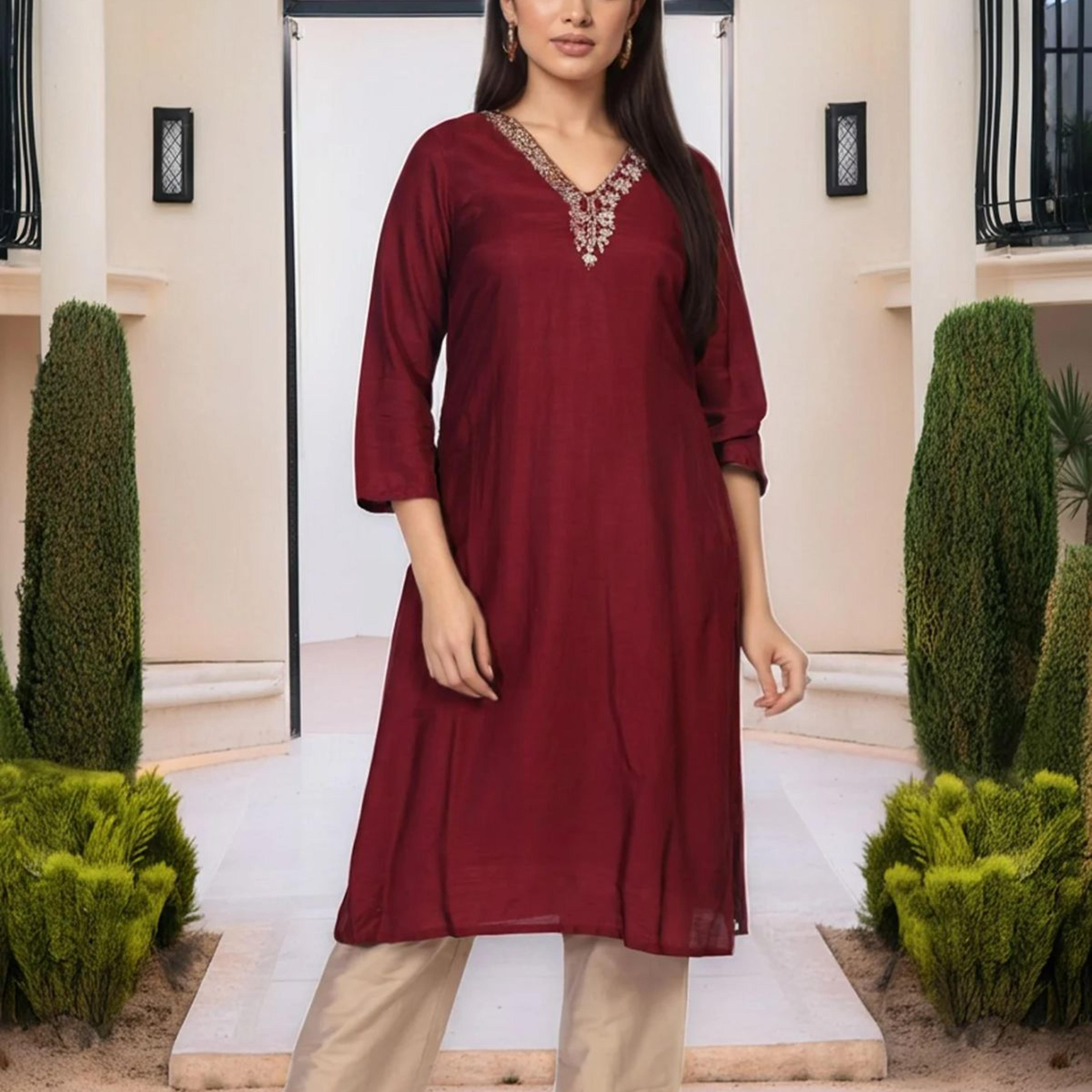 Maroon Embroidered A-Line Silk Kurta