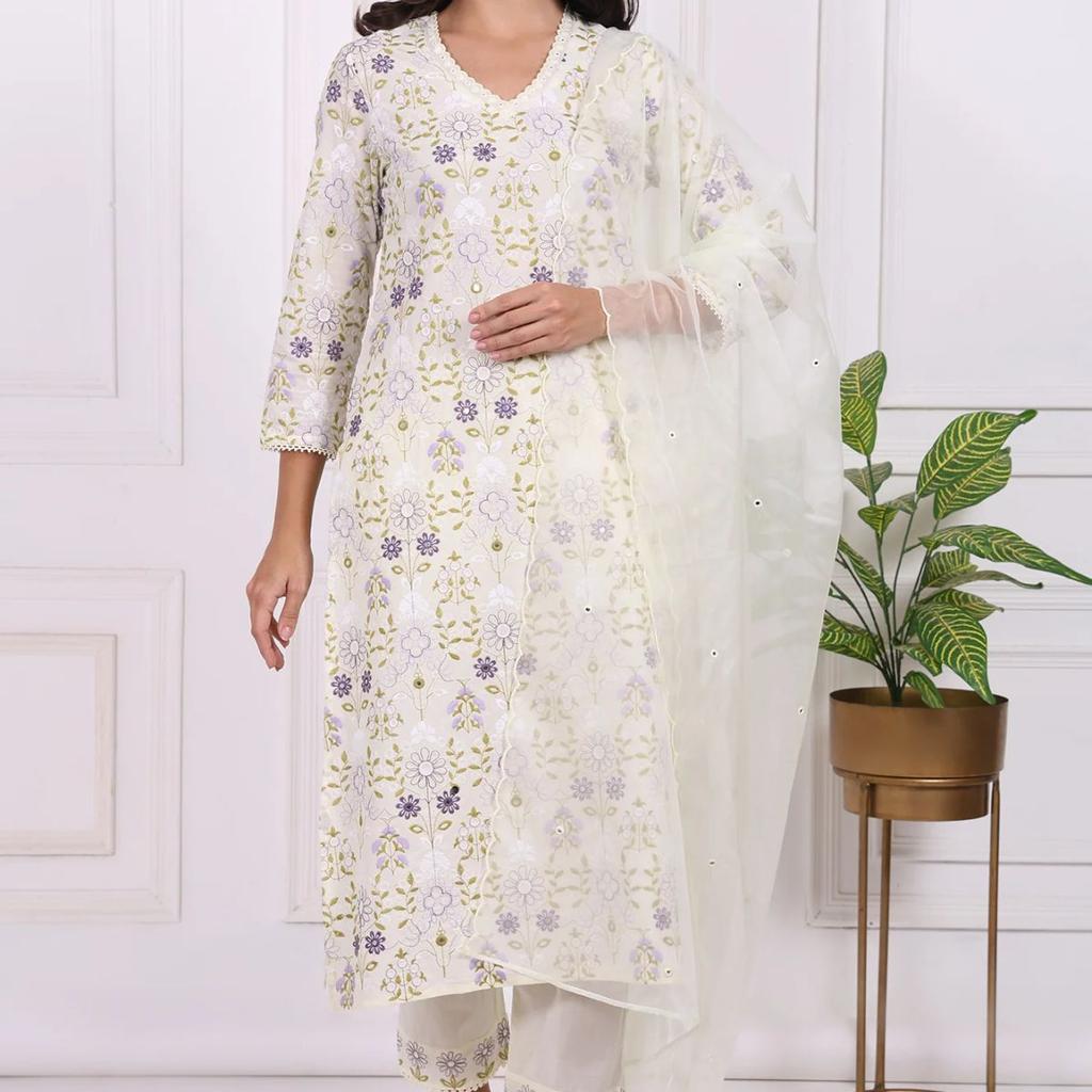 White Floral Printed Embroidered Pure Cotton Straight Kurta, Pants and Dupatta Set
