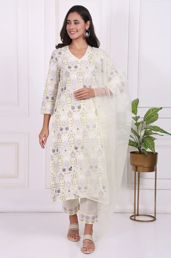 White Floral Printed Embroidered Pure Cotton Straight Kurta, Pants and Dupatta Set — XS