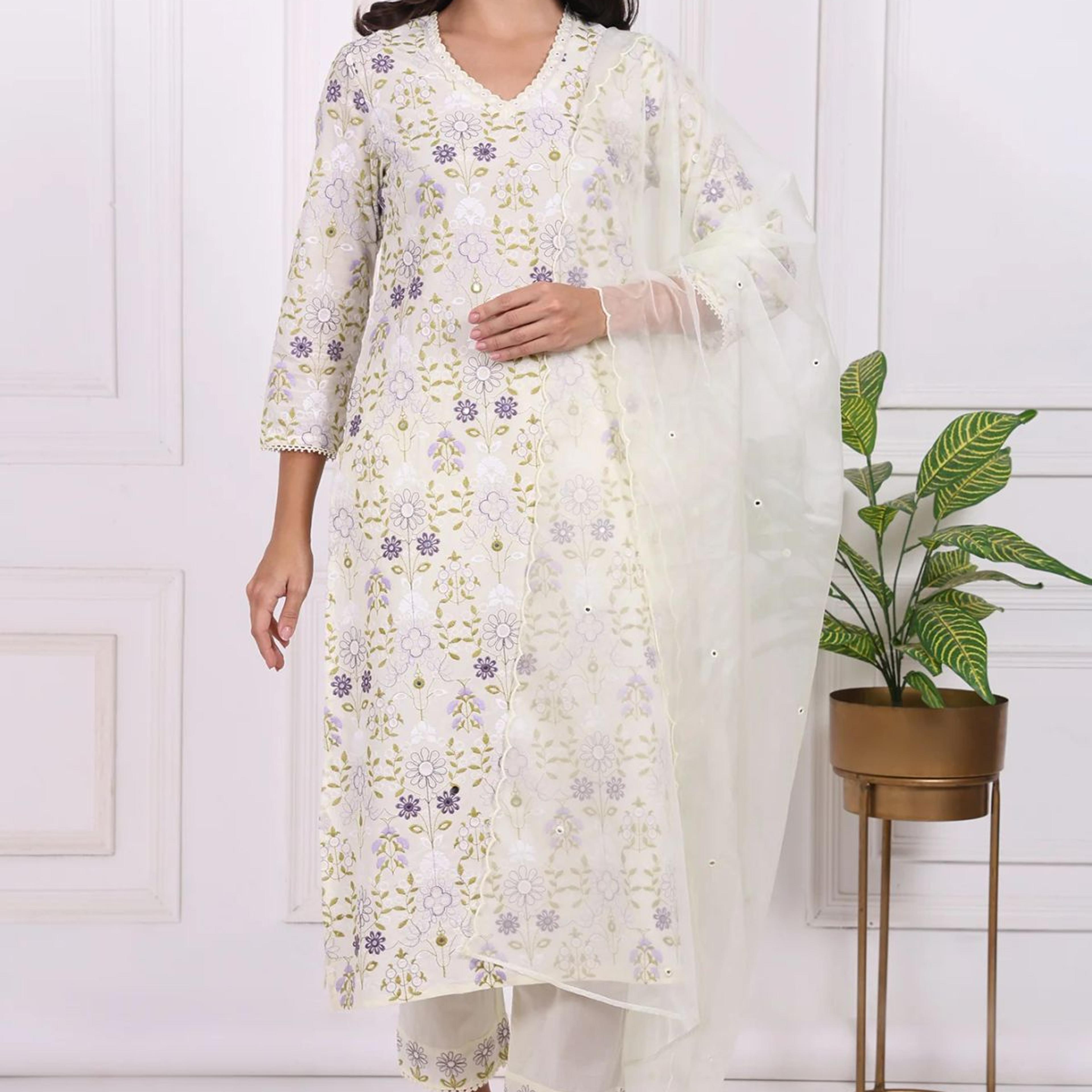 White Floral Printed Embroidered Pure Cotton Straight Kurta, Pants and Dupatta Set