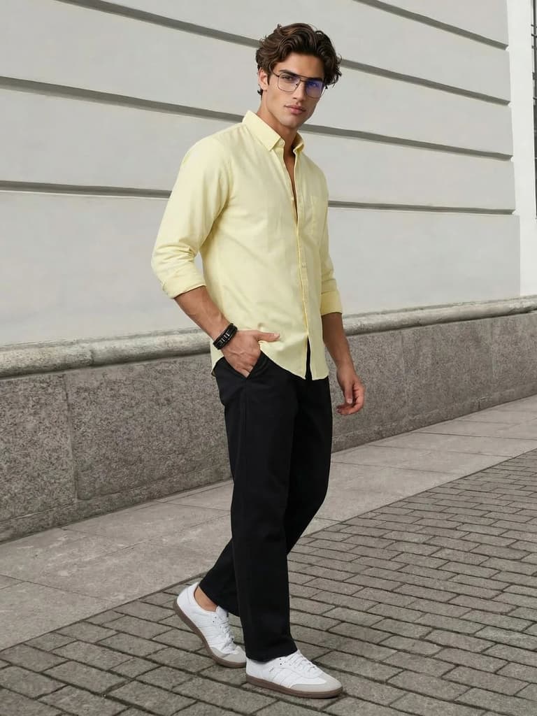 Men's Yellow Cotton Full Sleeve Regular Fit Solid Oxford Shirt With Button-Down Collar — photo 4