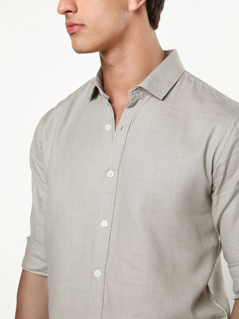 Men's Grey Linen Blend Full Sleeve Relaxed Fit Casual Solid Shirt — photo 6