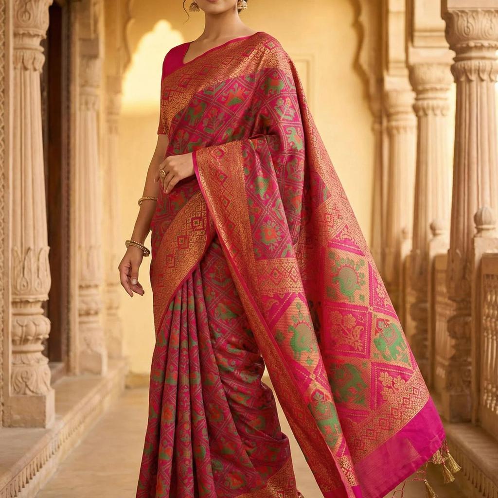 MIMOSA Women's Woven Design Paithani Style Raw Silk Saree with Blouse Piece - Rani ( SA00003128RNFREE )